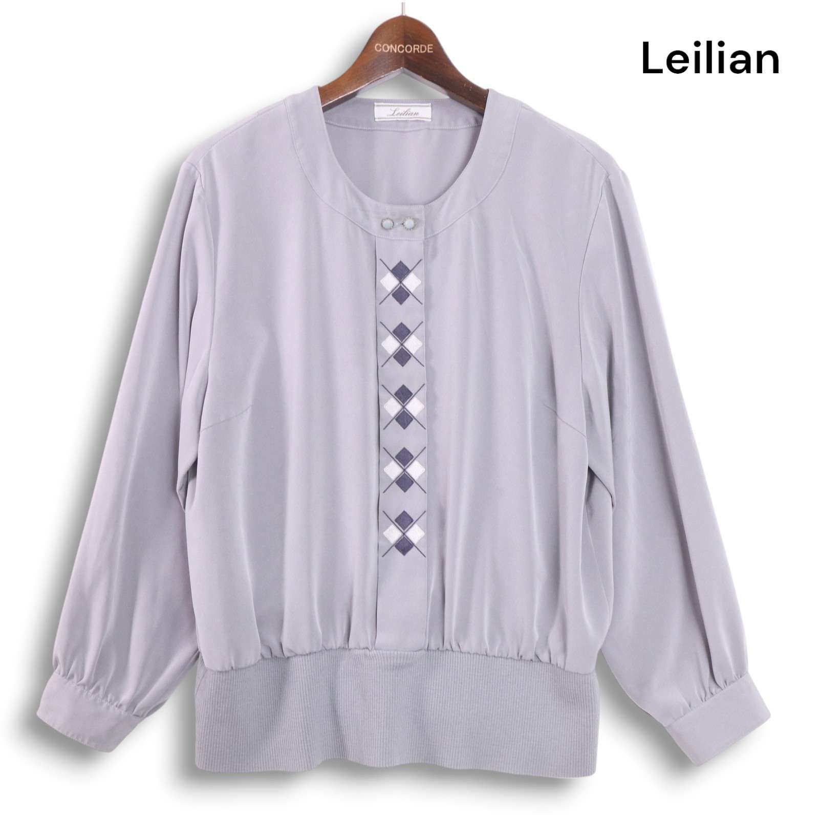 Leilian レリアン 春夏 刺繍アーガイル 長袖 プルオーバー ノーカラー 
