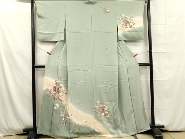 平和屋着物□訪問着 群鶴草花文 暈し染め 金彩 正絹 逸品