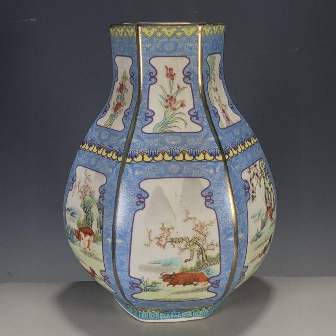 清代パステル蒔絵十二支六角尊瓶 景徳鎮 陶磁器 装飾品 現代工芸