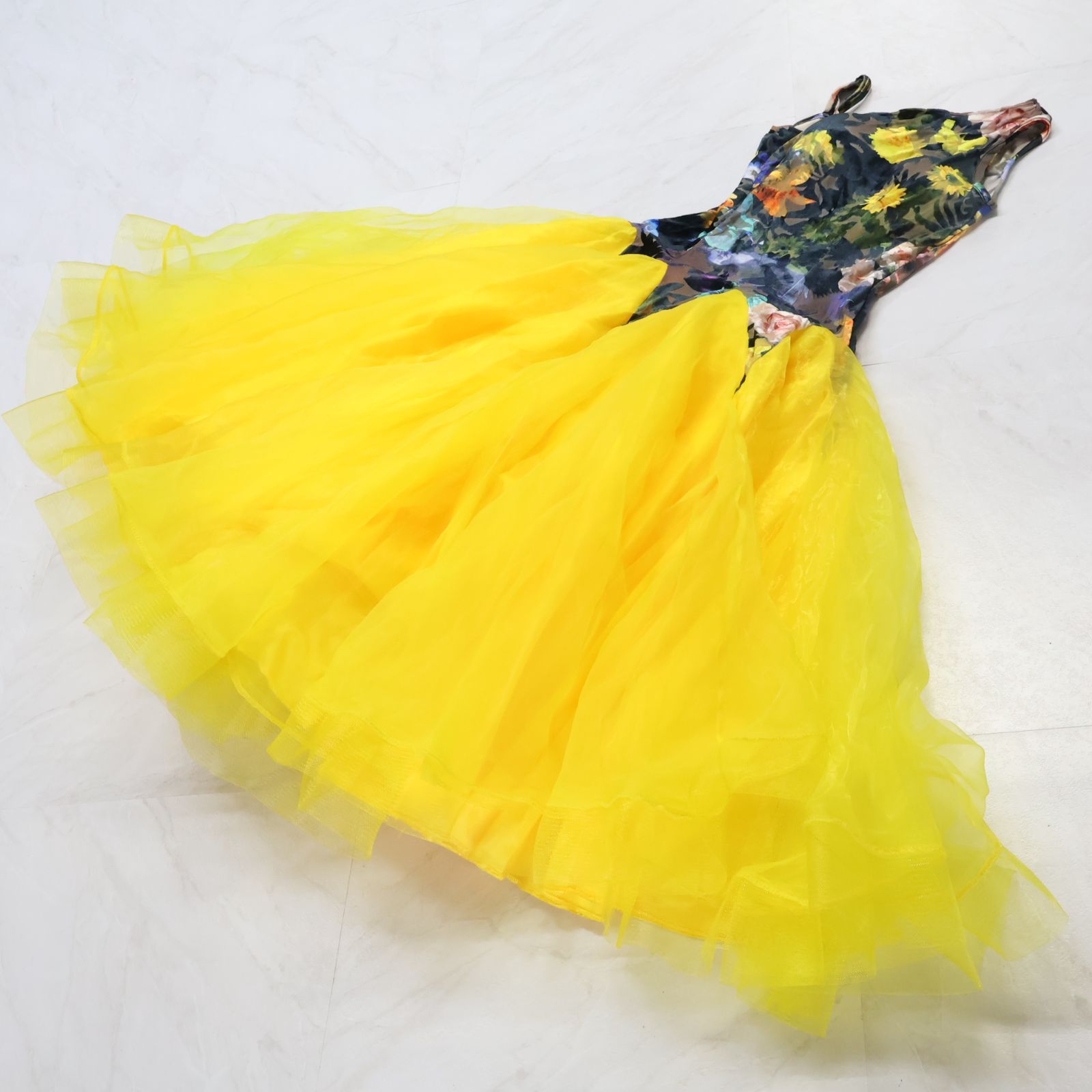 格安 ワンピース 社交ダンス衣装】イエロー 美品 ドレス 黄色 花柄 社交ダンス