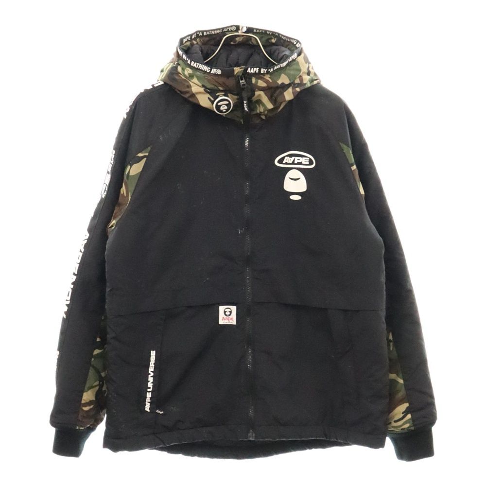 AAPE BY A BATHING APE エーエイプバイアベイシングエイプ カモ柄切替 ロゴプリント ナイロン 中綿ジャケット ブラック/カーキ AAPJKM7248XXB AAPE BY A BATHING APE (エーエイプバイアベイシングエイプ) カモ柄