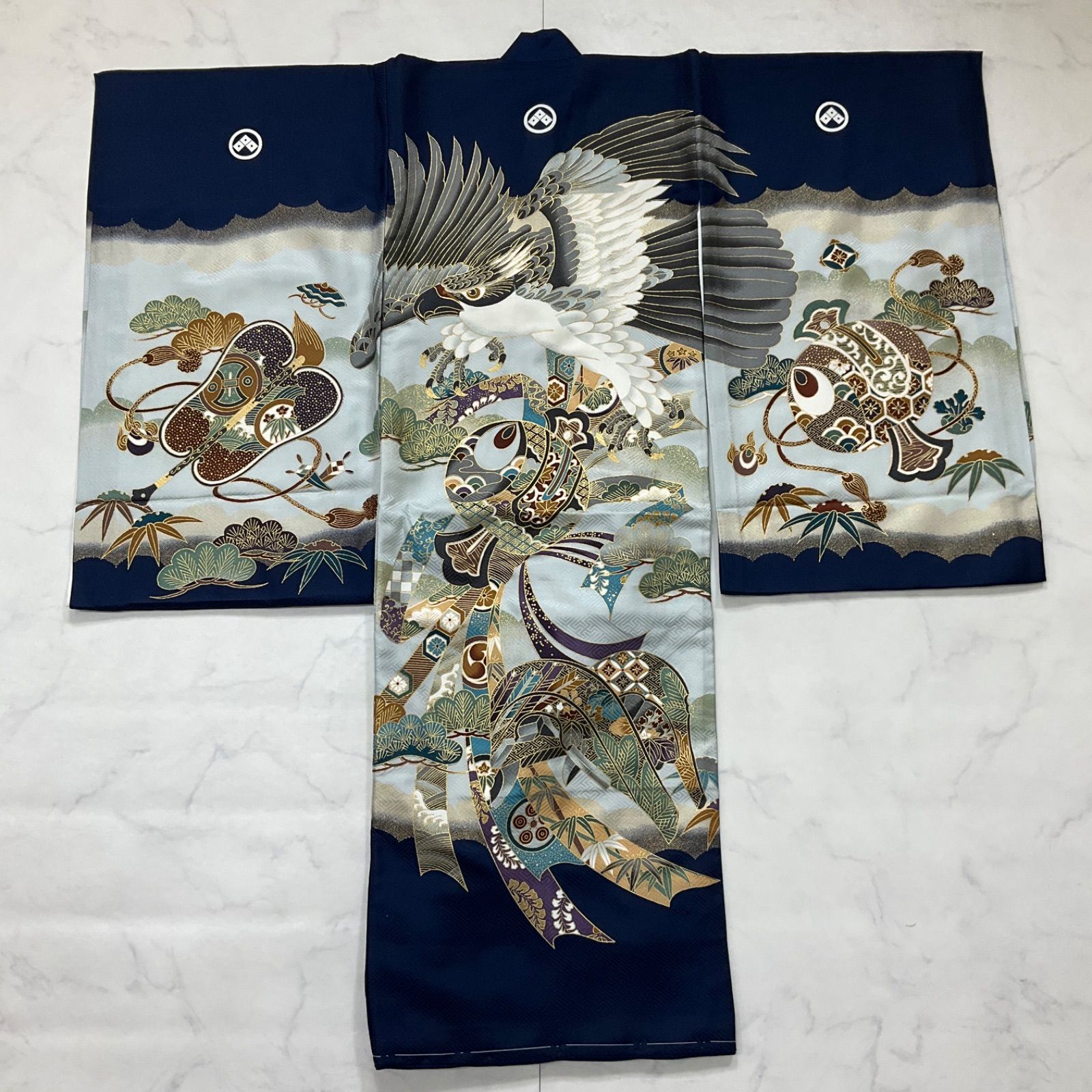 ◆kimono+one◆美品◆産着◆お宮参り◆正絹◆襦袢付き◆五つ紋◆七五三◆３歳用◆男の子着物◆七五三お詣り男の子着物こどものひお正月卒業式◆U38