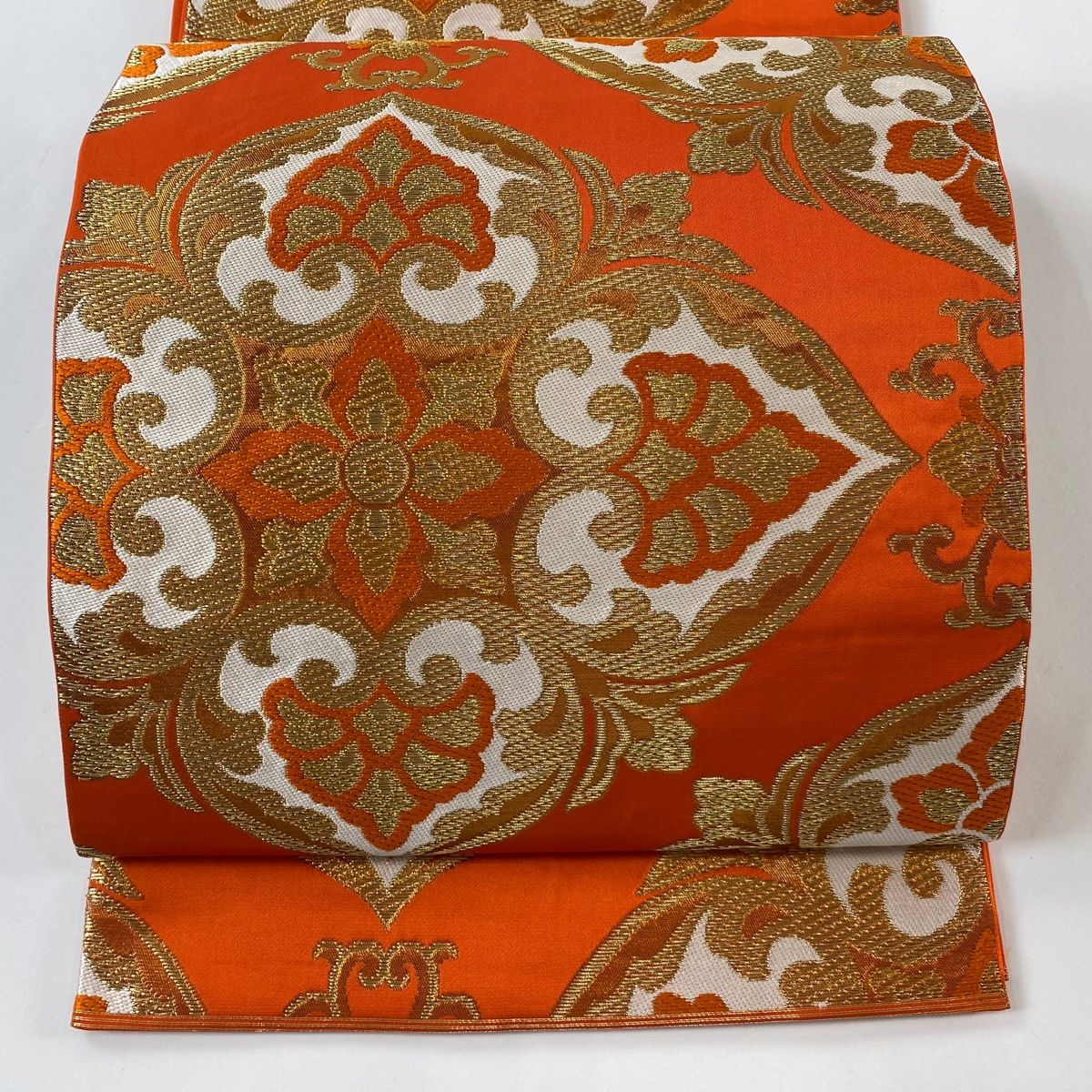 袋帯 秀品 川島織物 落款 関西仕立て 華文 花唐草 金糸 オレンジ 六通 正絹