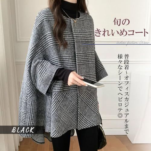 ブラック_XL NEKORA チェック柄 ポンチョ ジャケット コート 羽織 