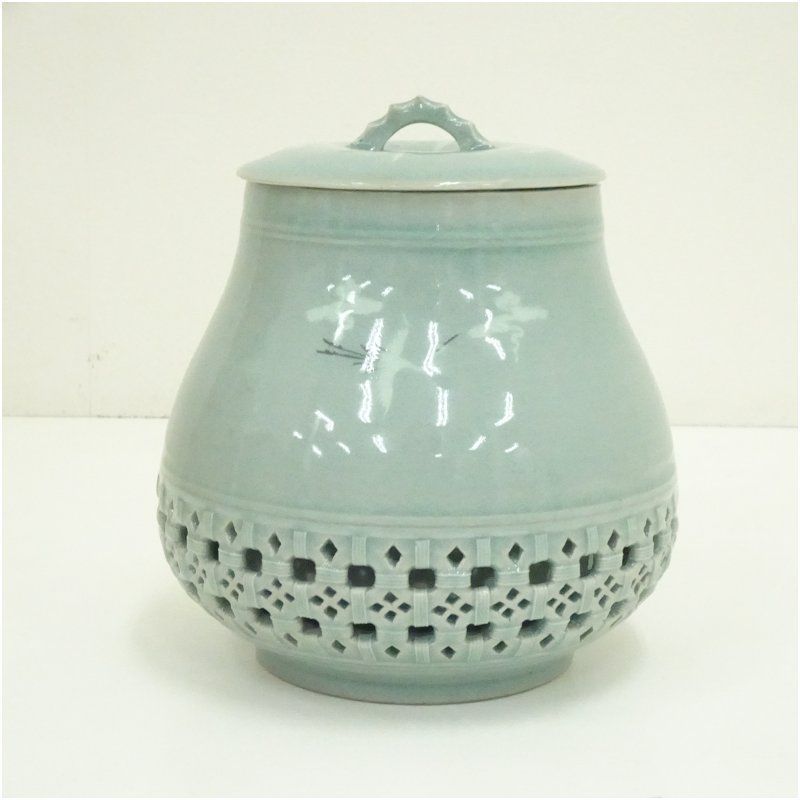 送料込み】高麗青磁 水昌窯 海日 陶器 壺 骨董品 花瓶 置物 柳昌坤作