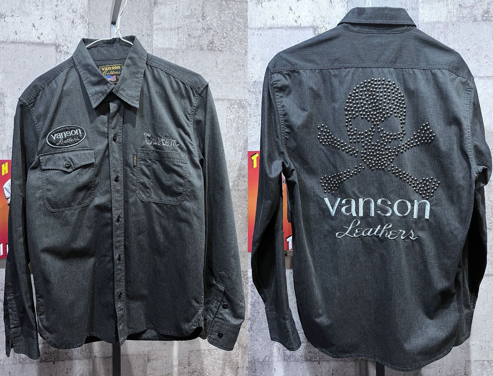 美品 Vanson スカル スタッズ風 長袖シャツ L 刺繍 バンソン ワークシャツ