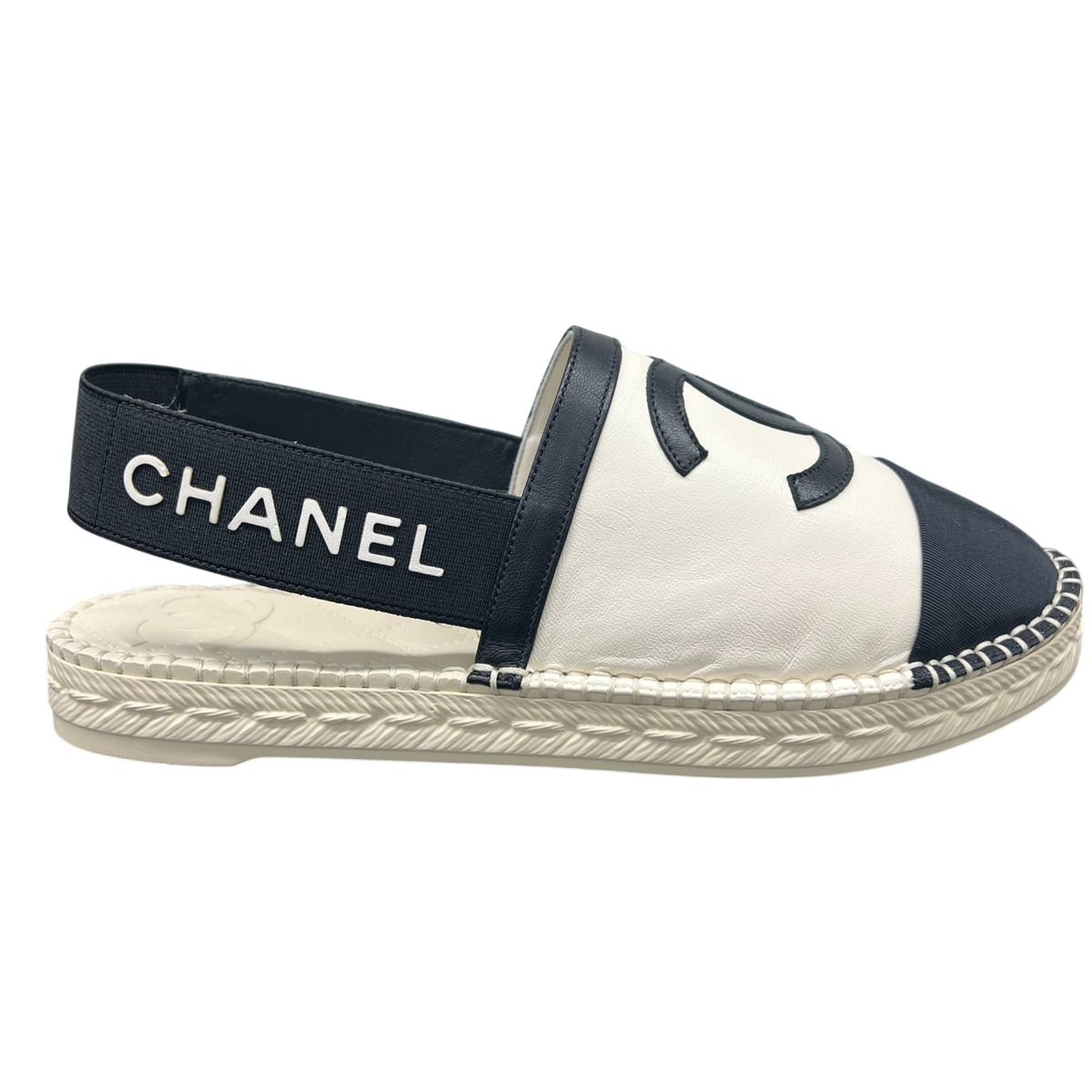 ♥品 CHANEL シャネル サンダル ココマーク ロゴ エスパドリーユ G34817 サイズ38 日本サイズ24cm前後 レザー ホワイト ブラック 靴 シューズ SAランク 鑑定済 シャネルサンダル KIN-KAAI_COM