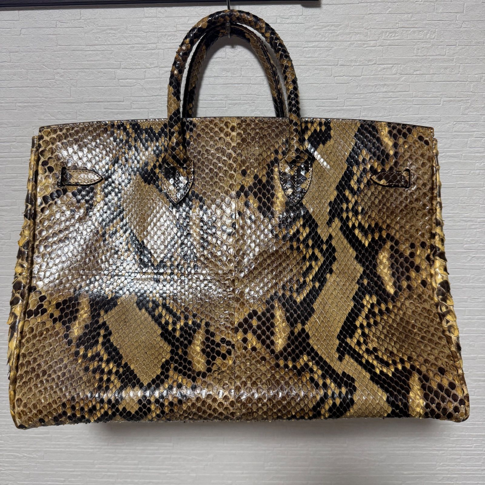 美品 パイソン 蛇革 エキゾチックオールレザー ハンドバッグ 南京錠