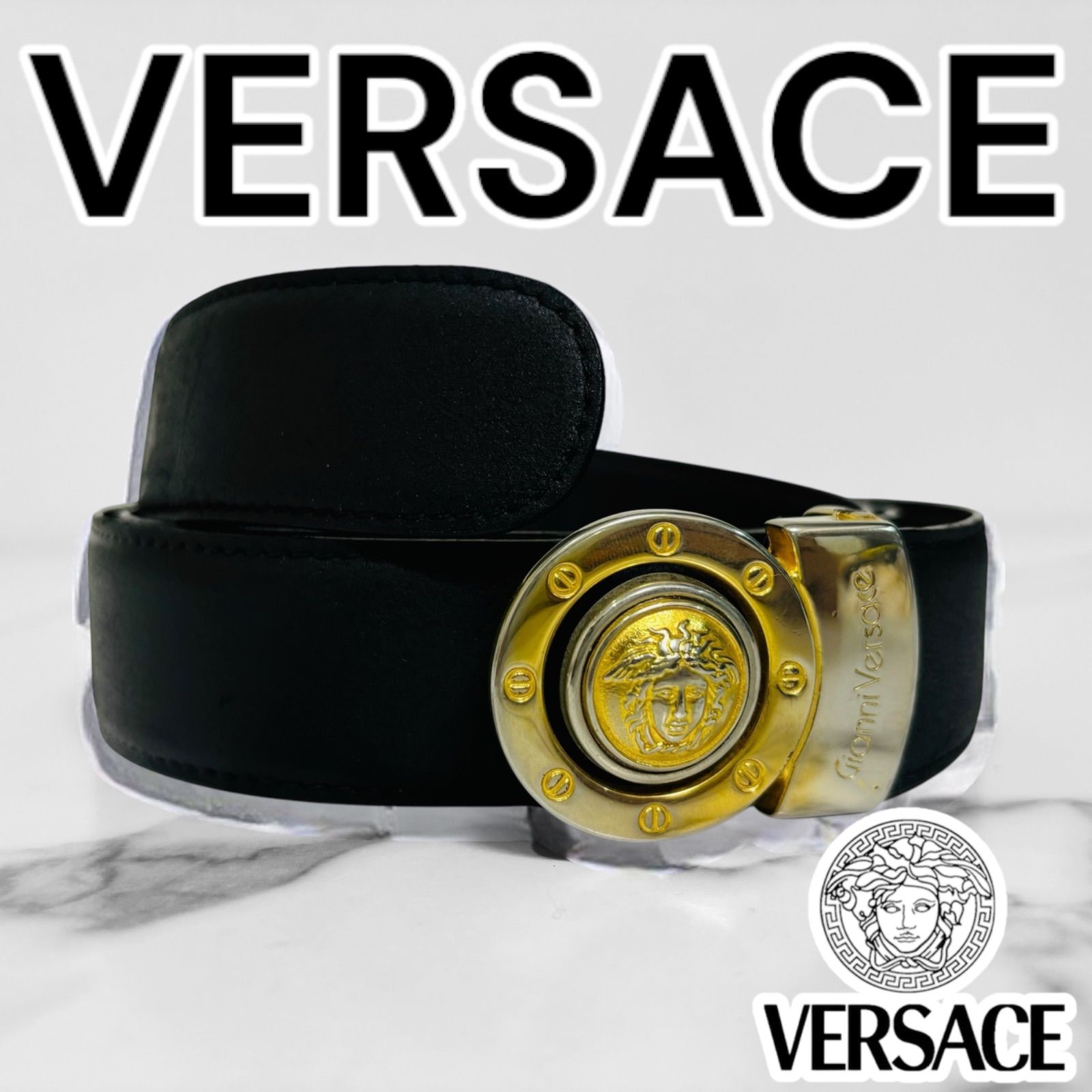 超希少 VERSACE ヴェルサーチ メデューサ ベルト ゴールド バックル トップバックル レザーブック 肉厚 金具 本革 3Dメデューサ -  メルカリ