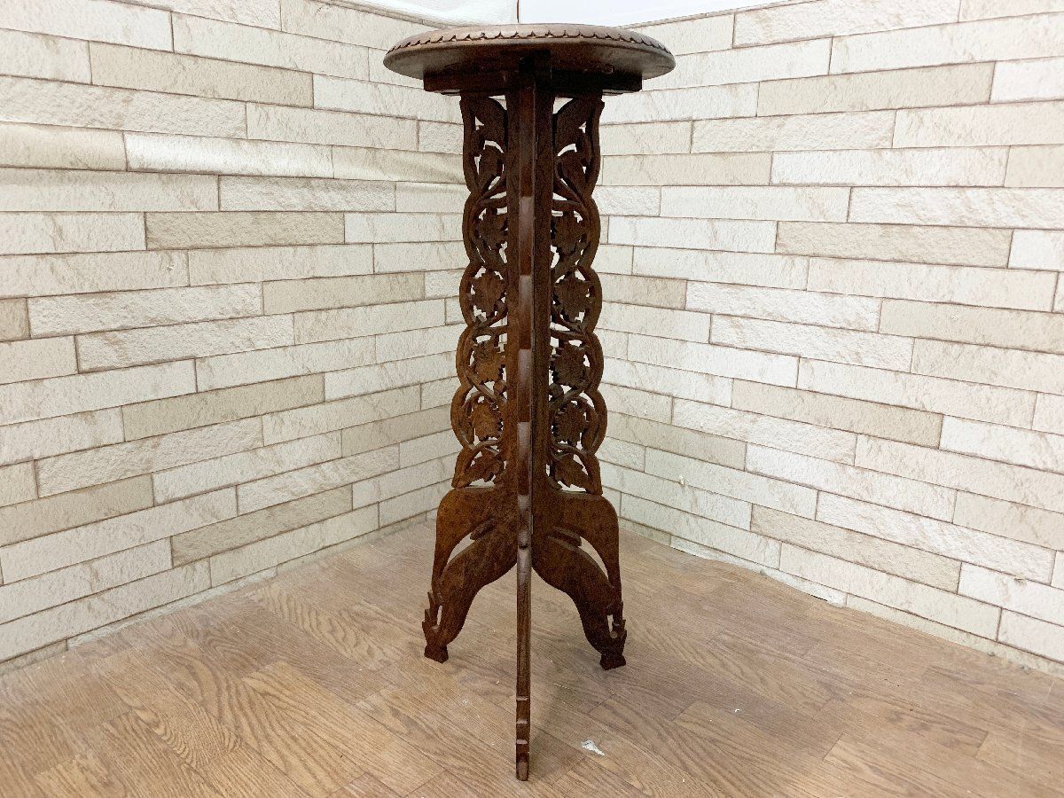 ◆インド製 木彫り サイドテーブル コンソール 花台 飾り台 折り畳み 木製 透かし彫り 机 アンティーク 木工工芸品 畑1076