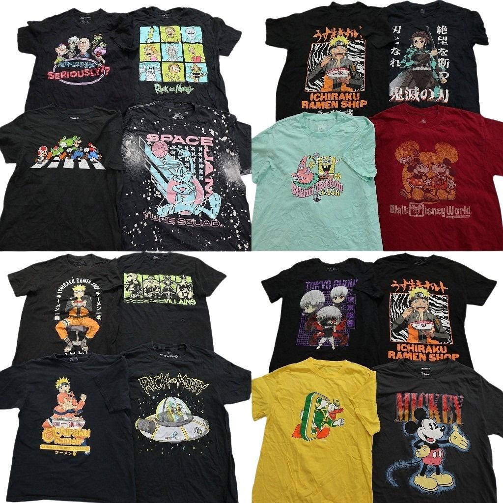 古着卸 キャラクター 半袖Tシャツ 16枚セット メンズ M スポンジボブ ミッキー ナルト マリオ 鬼滅の刃 古着 NA1401