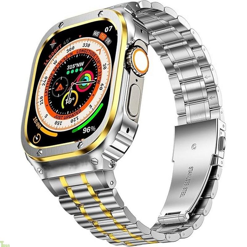 MioHHR ステンレススティール製バンド ケース互換性 Apple Watch Bands 49mm 金属製保護バンパーカバー付き頑丈なストラップ iWatch Ultra 3 2 1 男性用 銀金 a