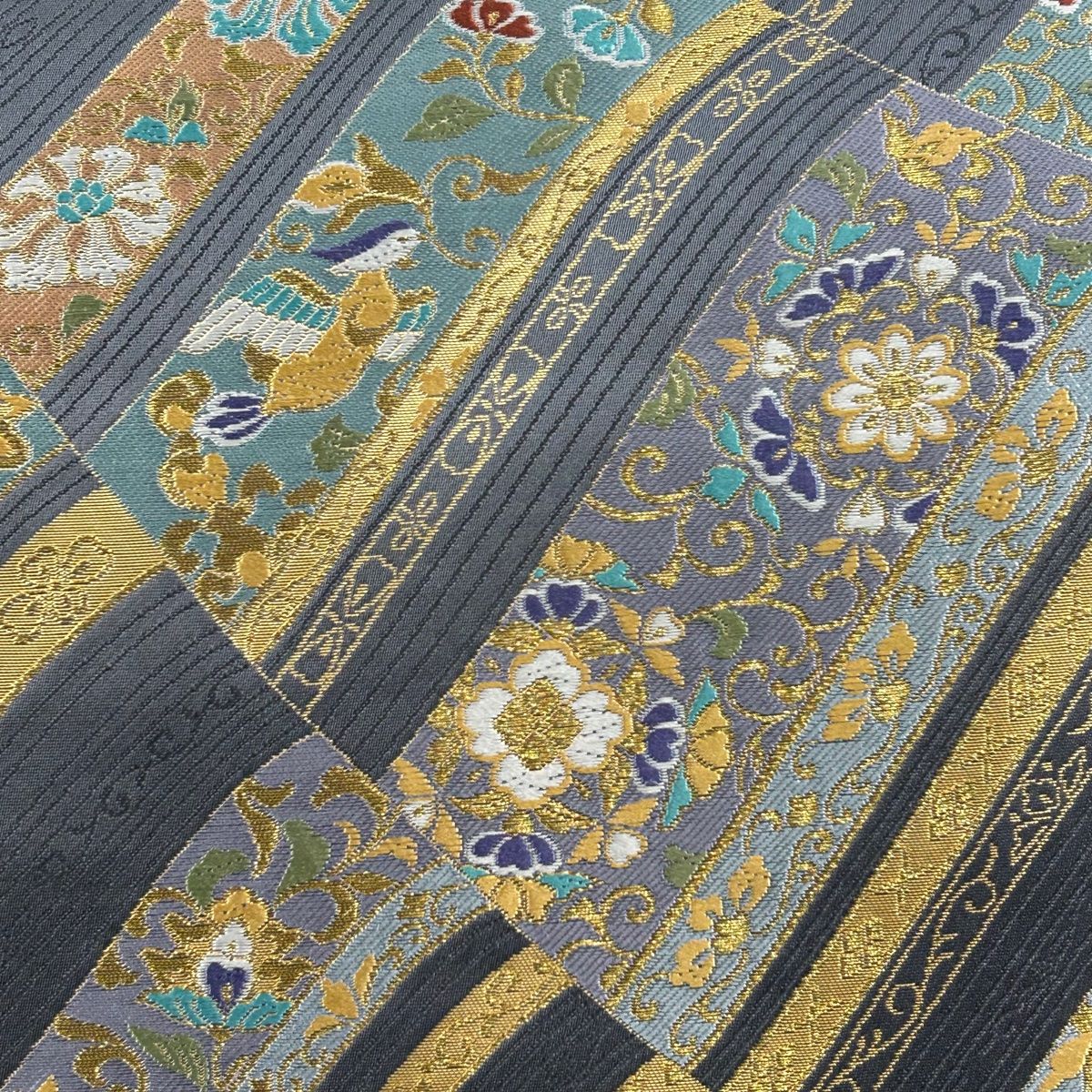 袋帯 美品 秀品 花唐草 鳥 金糸 箔 灰色 六通 正絹 【中古