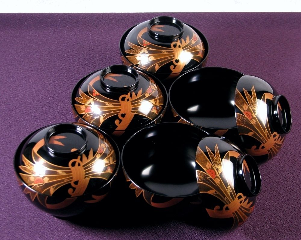 輪島塗吸物椀5客 蒔絵師 稲美 塗師 慶峰 結びのし蒔絵付 幅 11.6cm 共箱 25i048