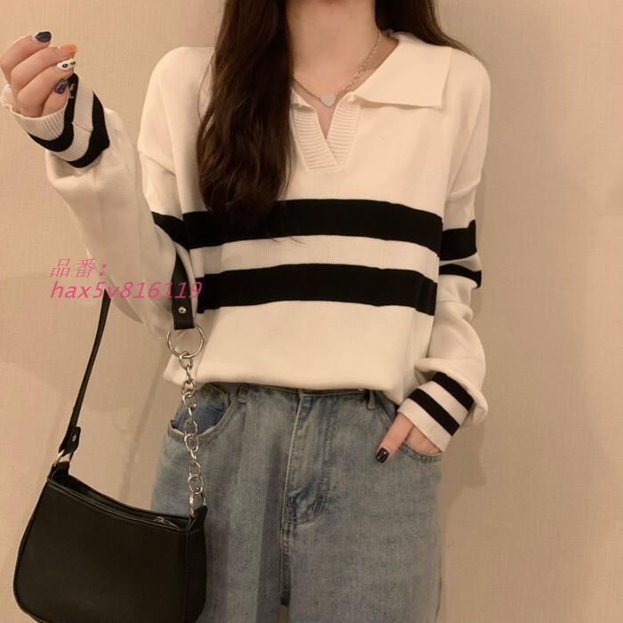  トップス ニット セーター レディース きれいめ ボーダー 襟付き カジュアル ゆったり 体型カバー 大き 長袖 フェミニン 大人 ライン おしゃれ Vネック hax 5 v 816119 ノースリーブ ニット セーター
