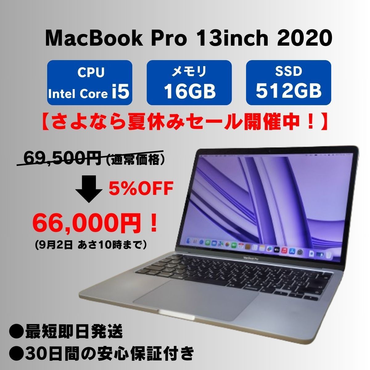 【セール中】中古 Apple MacBook Pro 2020 13インチ Core i5  A2251 スペースグレイ　本体+充電アダプタ／ケーブル