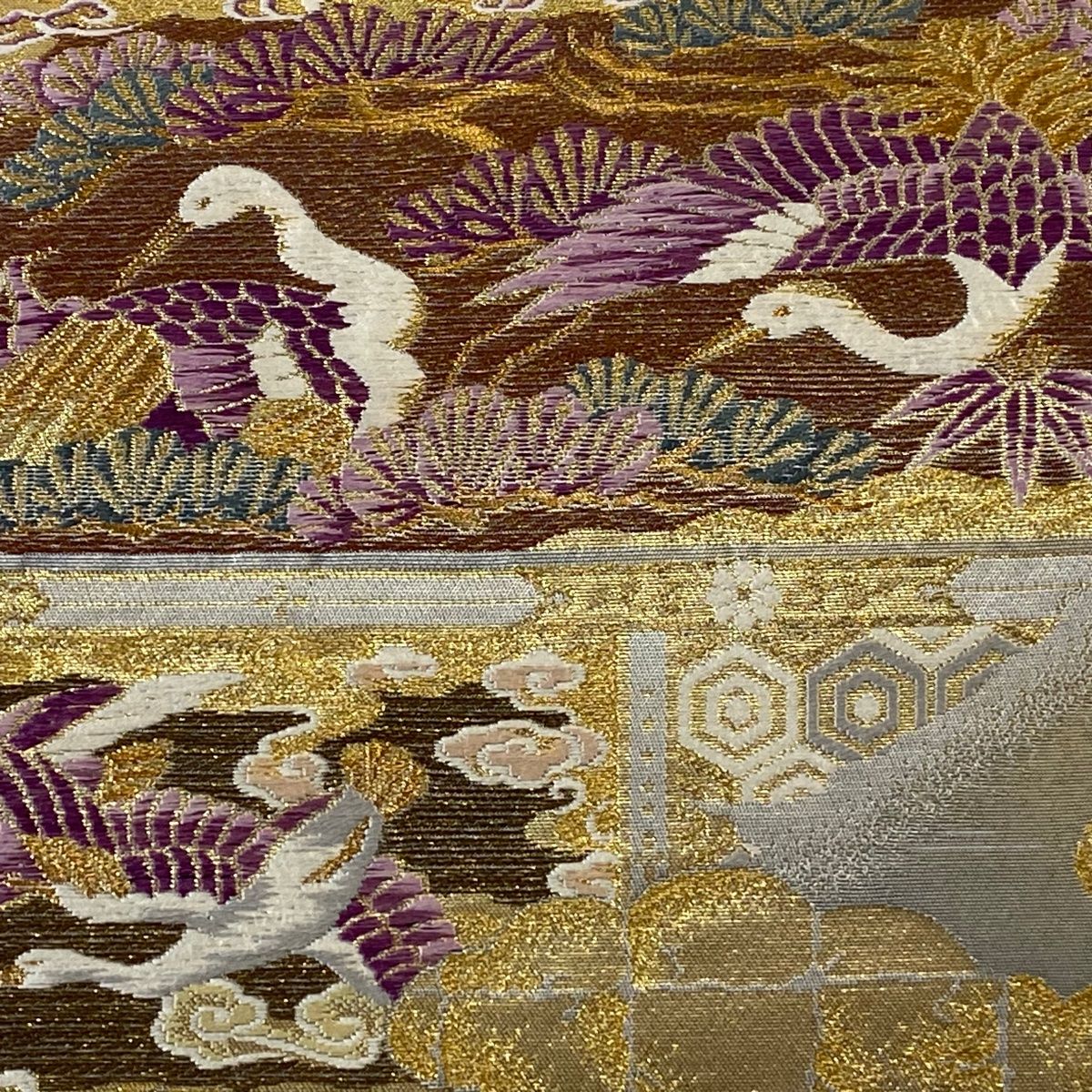 袋帯 美品 名品 じゅらく 落款 花鳥 葡萄 金糸 箔 青灰色 お太鼓
