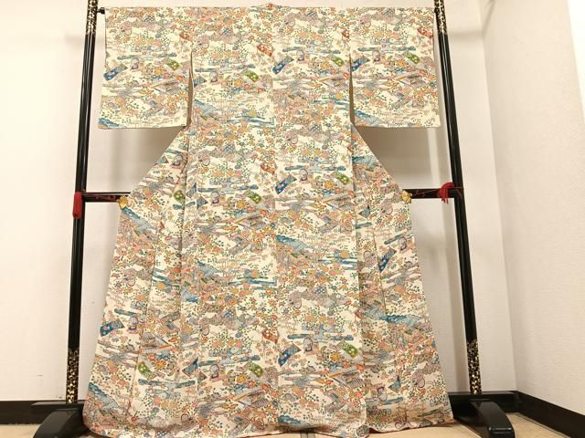 珍品】㊗️鬼しぼ縮緬小紋㊗️人物風景文㊗️パールトーン加工