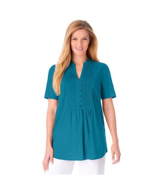 送料無料 ウーマン ウィズイン レディース シャツ トップス Women s Plus Size Pintucked Half-Button Tunic Deep teal