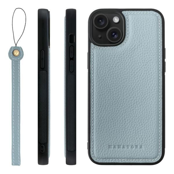 iPhone15Plus スマホケース シュリンクレザー ブルーグレー
