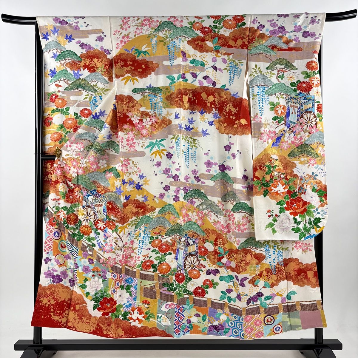 振袖 身丈154cm 裄丈66cm M 袷 御所車 菊 刺繍 金糸 クリーム 正絹 名品