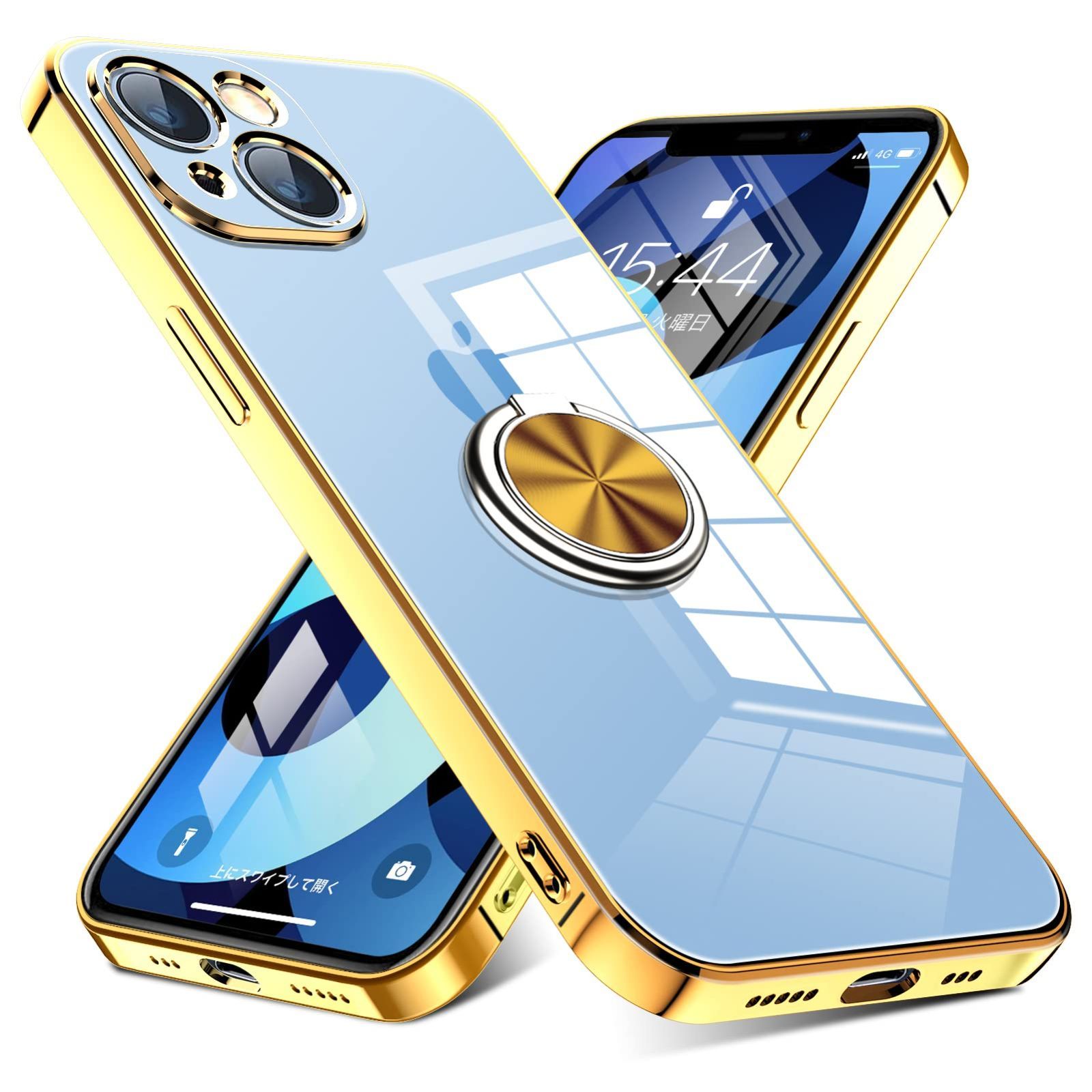 iPhone 13 用 ケース リング付き クリア 耐衝撃 スタンド機能 透明 TPU 車載ホルダー対応 落下防止 防塵 薄型 軽量 一体型 変形防止 全面保護カバー アイフォン用 ケース W-YXZH-33-i13 (iPhone 13用 ケ