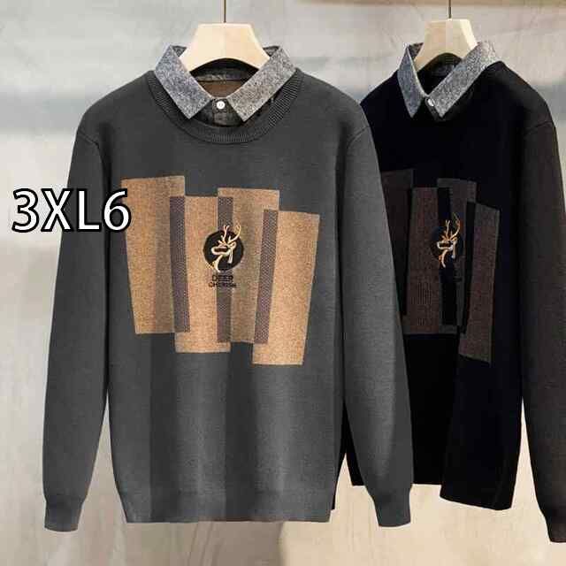 3XL6 秋冬 コーデ メンズ 服 シンプル ファッション オシャレ 大人 かっこいい 大きいサイズ ストリート 紳士服 フェイク ツーピース ビジネス カジュアル シャツ セーター スリム レイヤリング