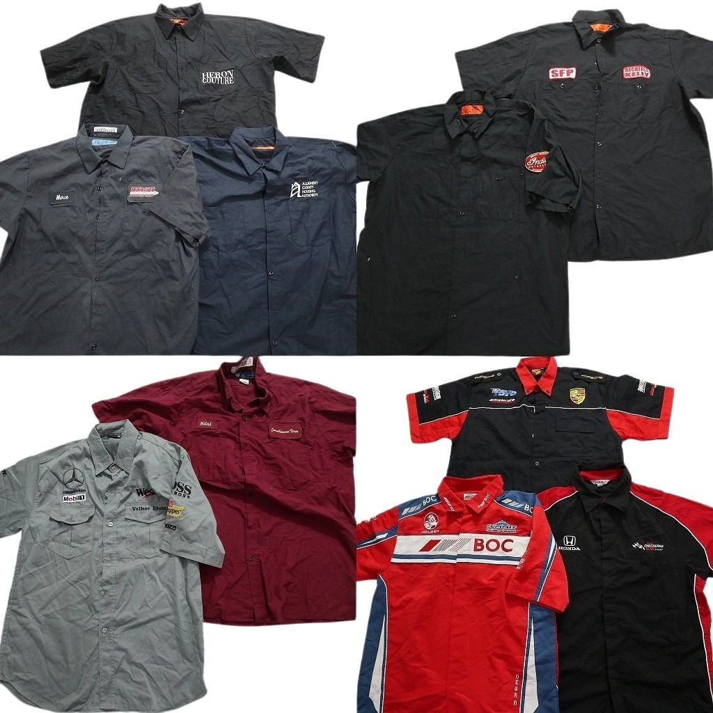 古着卸 まとめ売り ワーク系 半袖シャツ 10枚セット (メンズ XL /2XL ) ワンポイント ワッペン ブラック モータースポーツ ホンダ MU6018