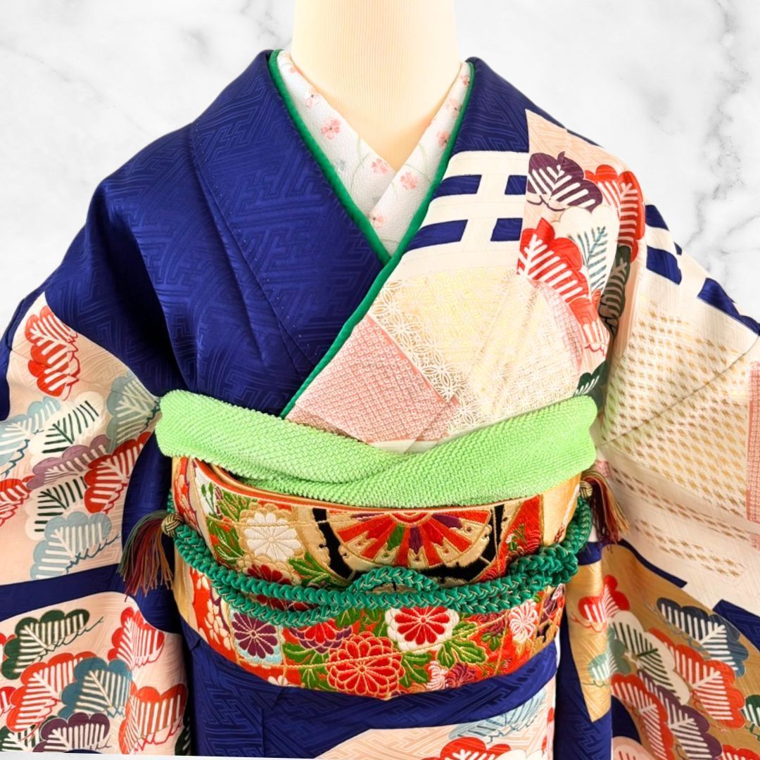 Furisode Full Set | Length 162cm / Yuki 66cm Blue with Pine