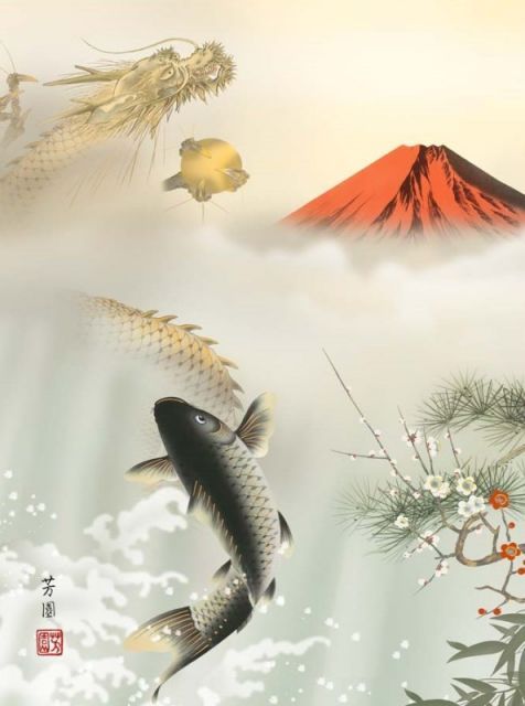 古峰絵師の模写　クレスターF６ 種類2：f6 額絵 石田芳園 吉祥紅峰登龍門 f8・f6・f4サイズ 現代日本画