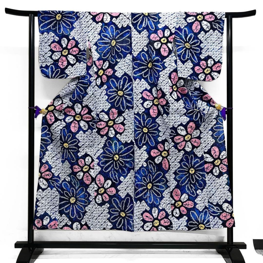 浴衣 有松鳴海絞り 藍染 浴衣 花 グラデーション ブルー 着物 035a d