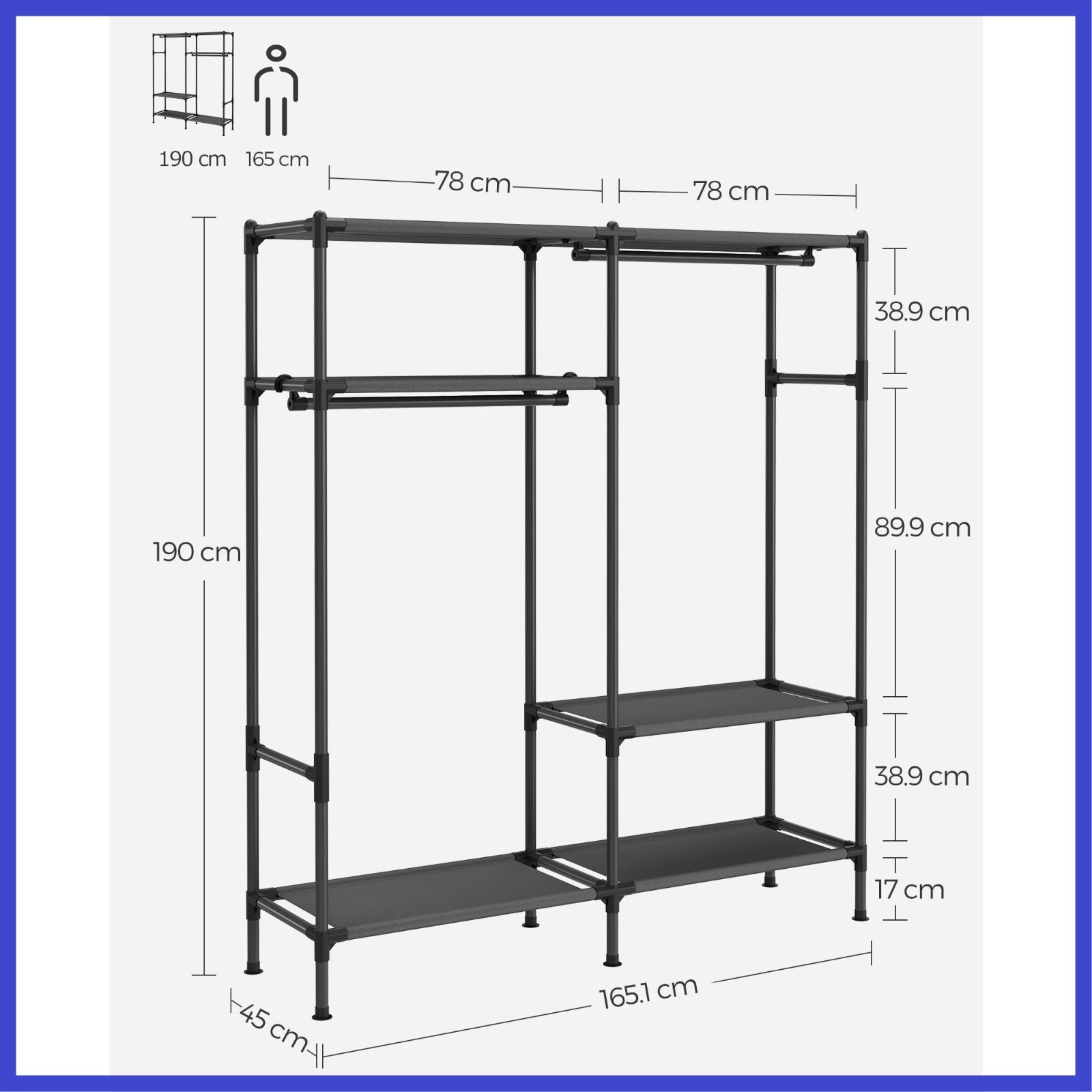 SONGMICS ハンガーラック 頑丈 大容量洋服かけ 耐荷重110kg 幅165cm 衣装収納 パイプハンガー 服かけスタンド 棚付き ひとり暮らし 組立簡単 RDR201B02 USTAUSTRALIA_COM_AU