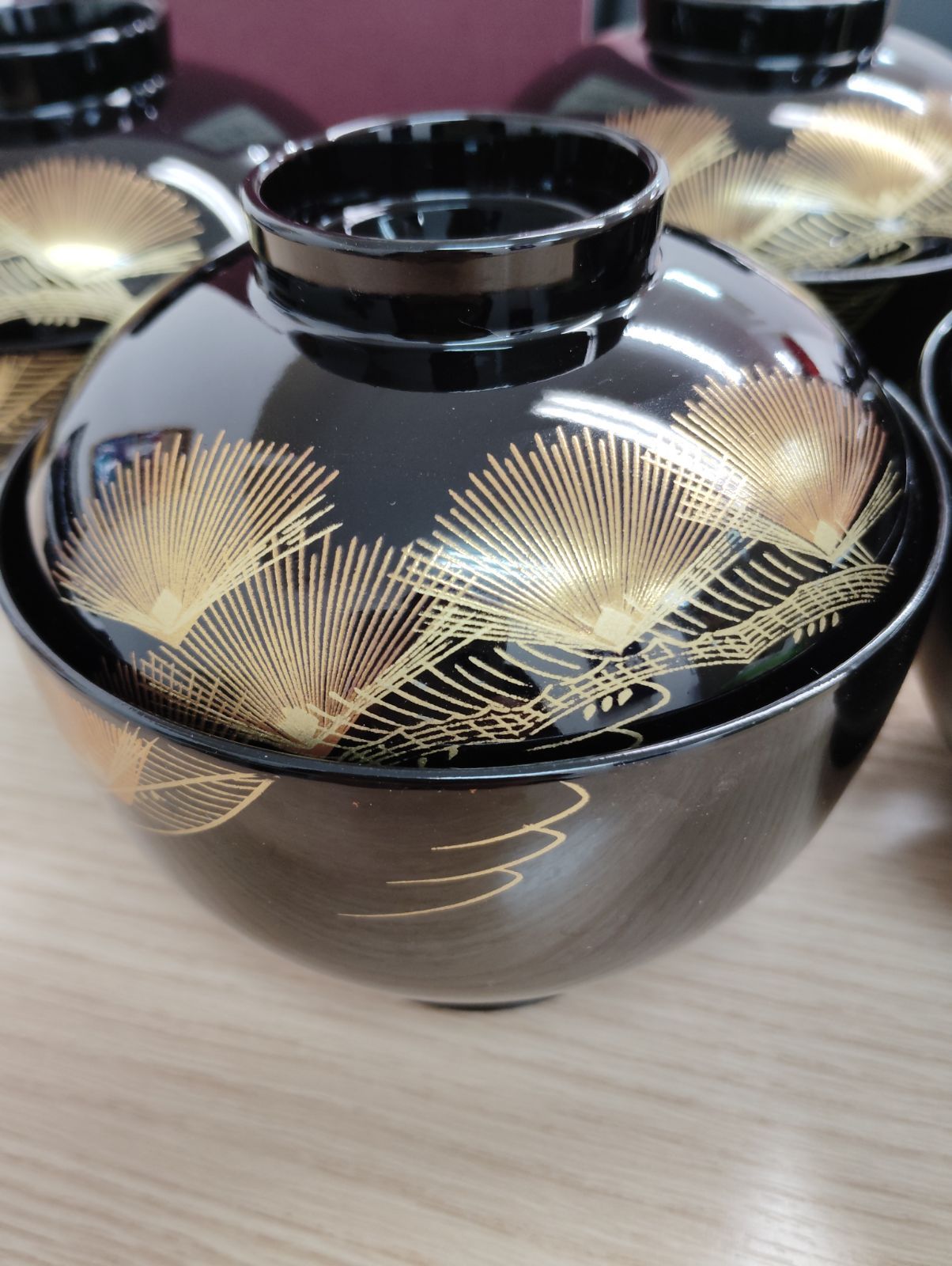 高級 宝木 新京形 吸物椀 黒 芙蓉 蒔絵風 5客セット 極