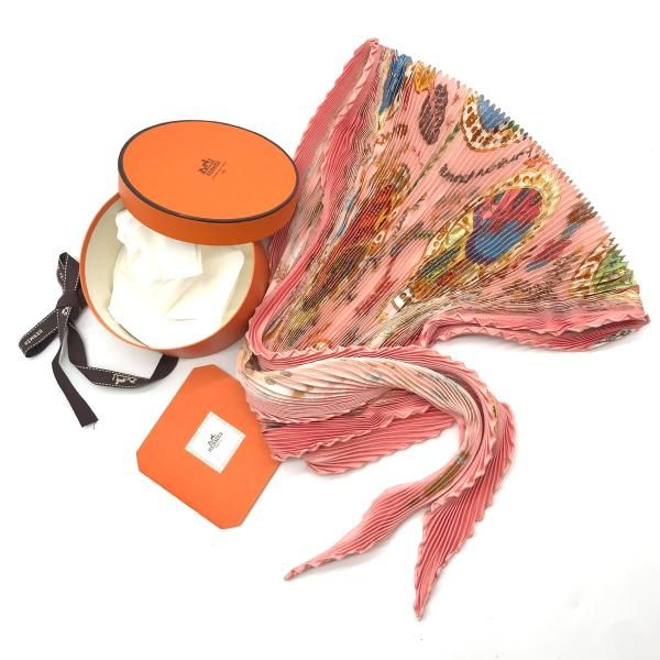 HERMES エルメス プリーツ 大判 スカーフ シルク 100％ ピンク 超美品 M12434