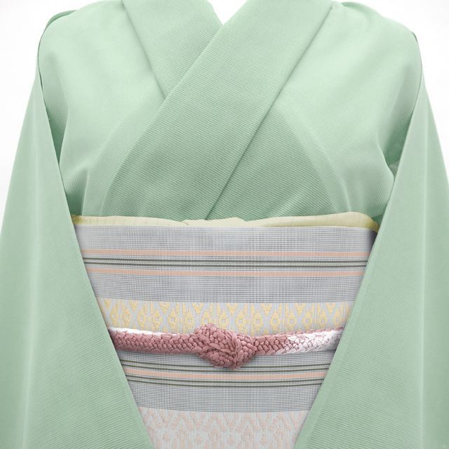 【名古屋帯】夏帯　開き仕立て　洗える　薄物　盛夏 ライトグレー　薄灰色　モダン 中古】 夏物 名古屋帯 リサイクル 正絹 本場筑前博多織 紗献上