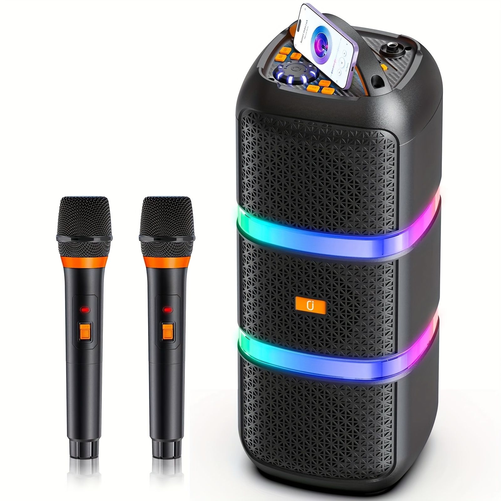 JYX ポータブルカラオケマシン ワイヤレスマイク2個付き ワイヤレスPAスピーカーシステム リモコン FMラジオ およびREC機能 - ブラック USB充電式 家庭＆パーティー用ミニカラオケマシン