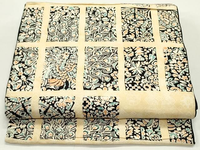 平和屋着物●アンティーク 大正ロマン 全通柄京袋帯 引き抜き帯 作家物 刺繍 短冊孔雀羽更紗花文 正絹 DAAW6850ob
