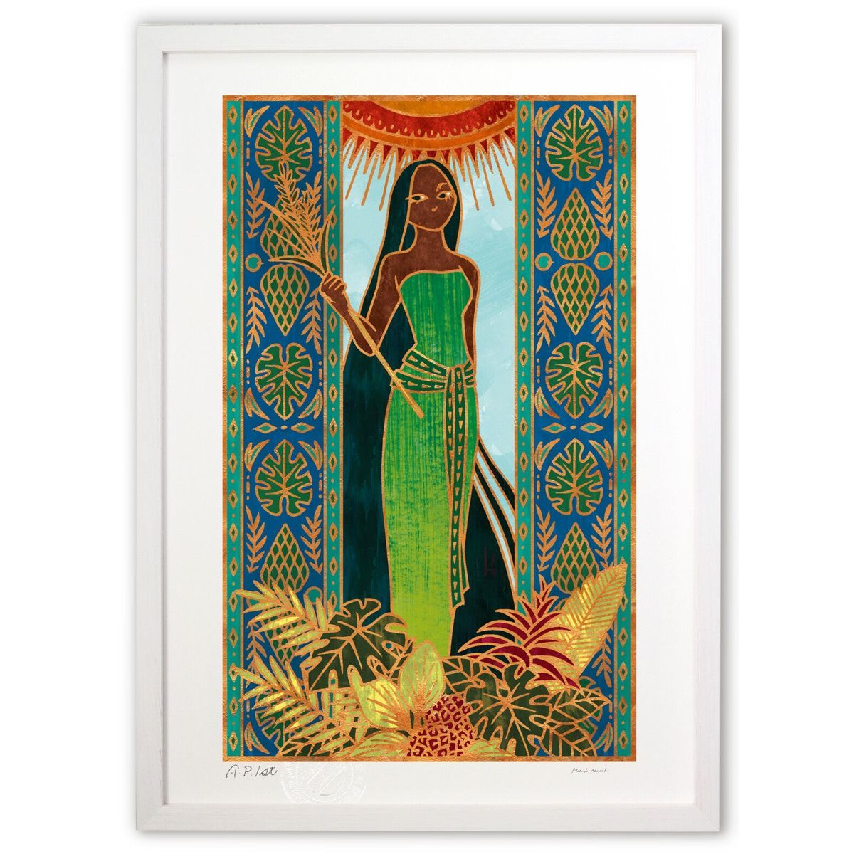 絵画 。壁掛け絵【夜光の蛍の火とピンクの花の海、緑のドレスを着た