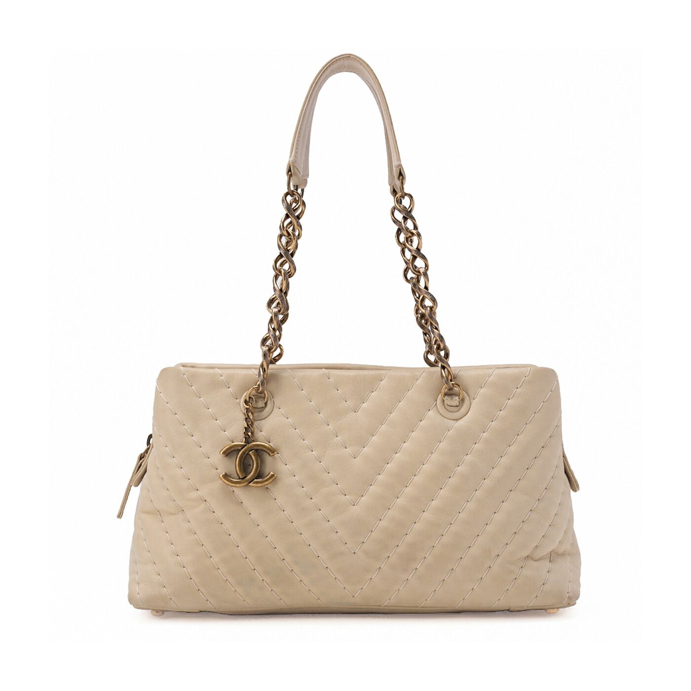 CHANEL シャネル Vステッチ チェーンショルダーバッグ スパークルレザー アイボリー ココチャーム付き ゴールド金具 レディース バッグ レディース