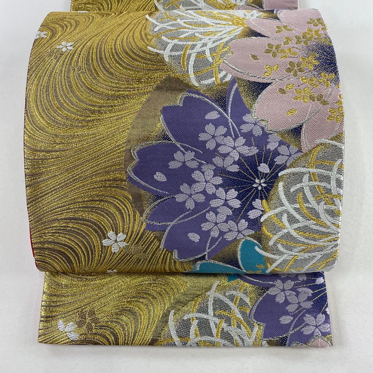 袋帯 美品 秀品 振袖向き 桜 菊 金糸 箔 金色 六通 正絹 【中古