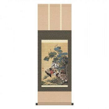 伊藤若冲 尺三掛軸 紫陽花双鶏図