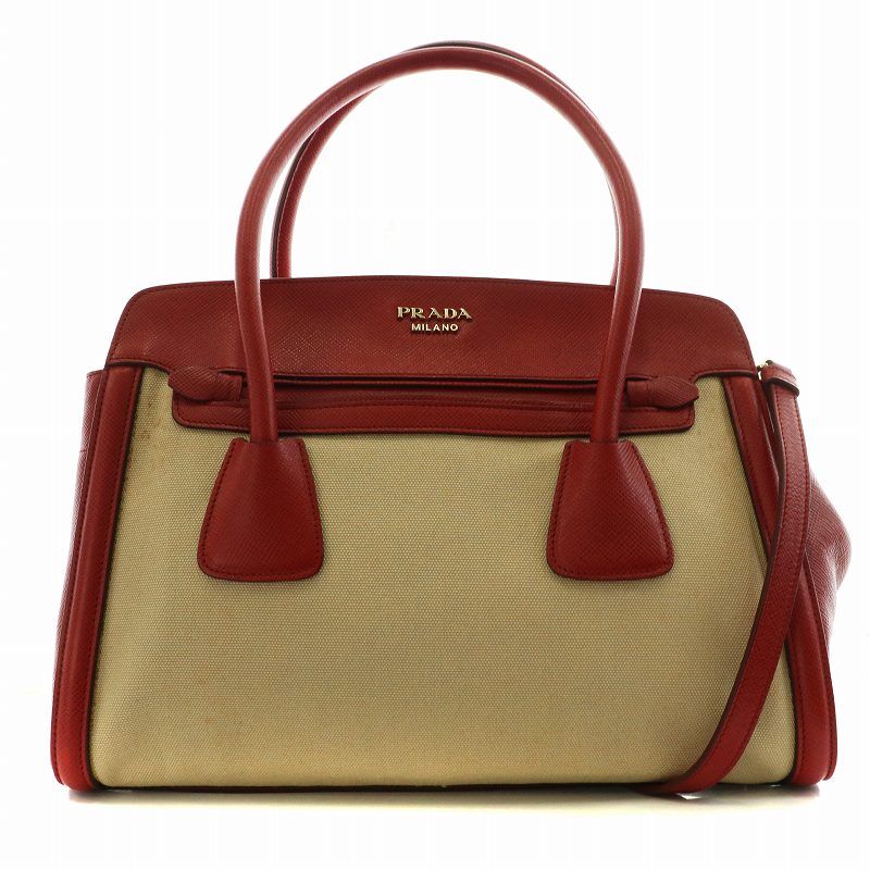 プラダ PRADA ハンドバッグ ショルダーバッグ 2way キャンバス レザー ベージュ 赤 レッド BN2595 /AN5 ■OH