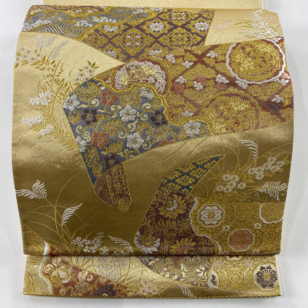 袋帯 美品 秀品 巻物 花唐草 金糸 箔 金色 六通 正絹 【中古