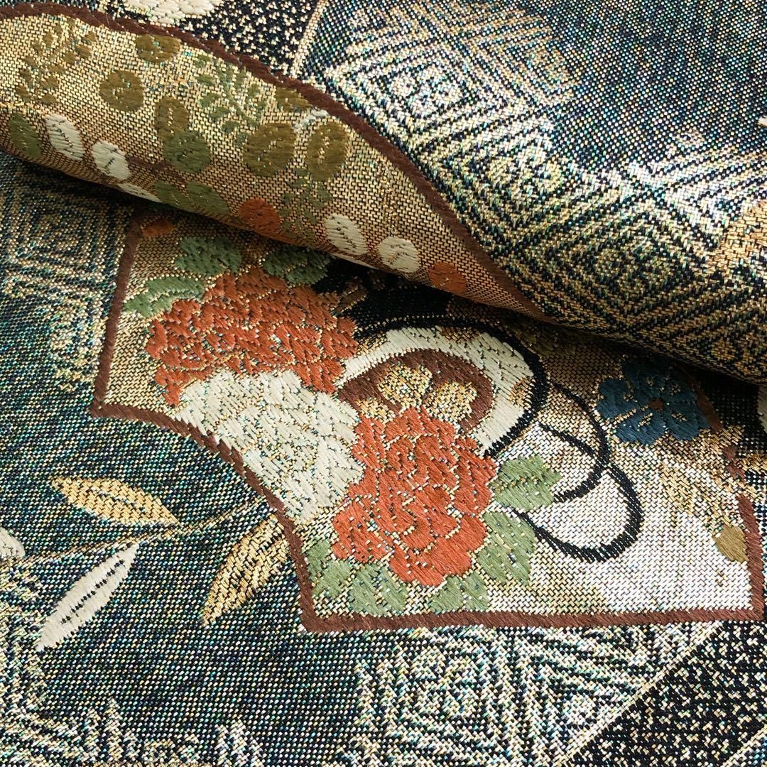 袋帯 慶長華小袖 地紙に花模様 御所車 鼓 碧色 金糸 O-4826 - メルカリ 