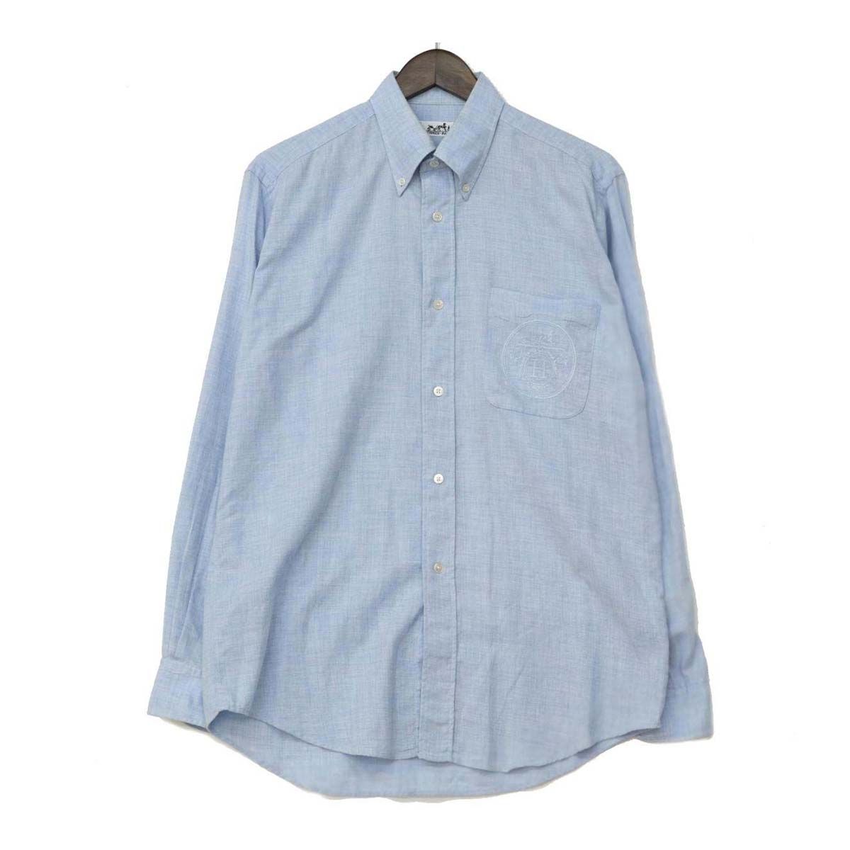 エルメス シャツ 長袖 ブルー H刺繍 セリエボタン-