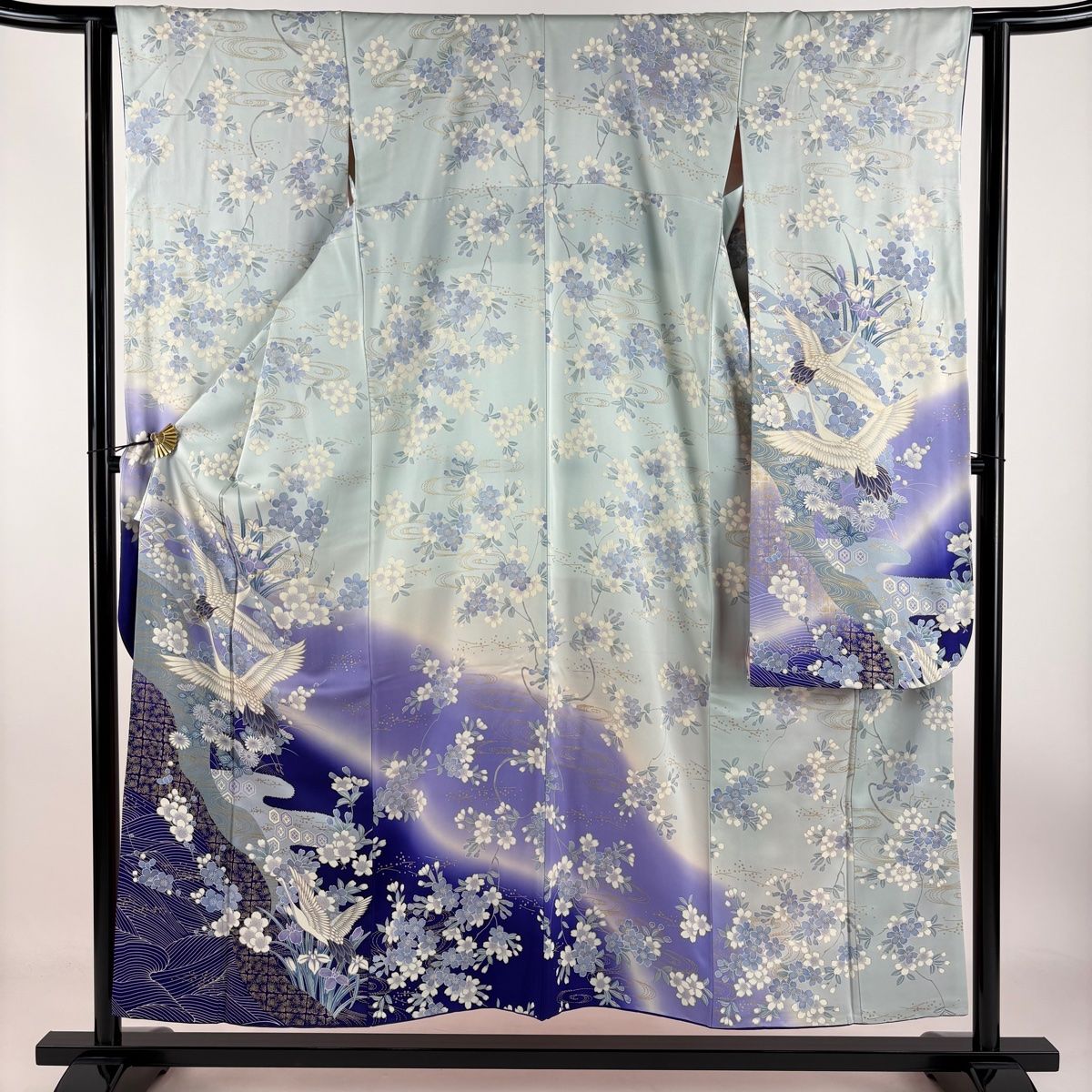 振袖 身丈154cm 裄丈62cm S 袷 鶴 枝梅 金彩 染め分け 水色 正絹 秀品