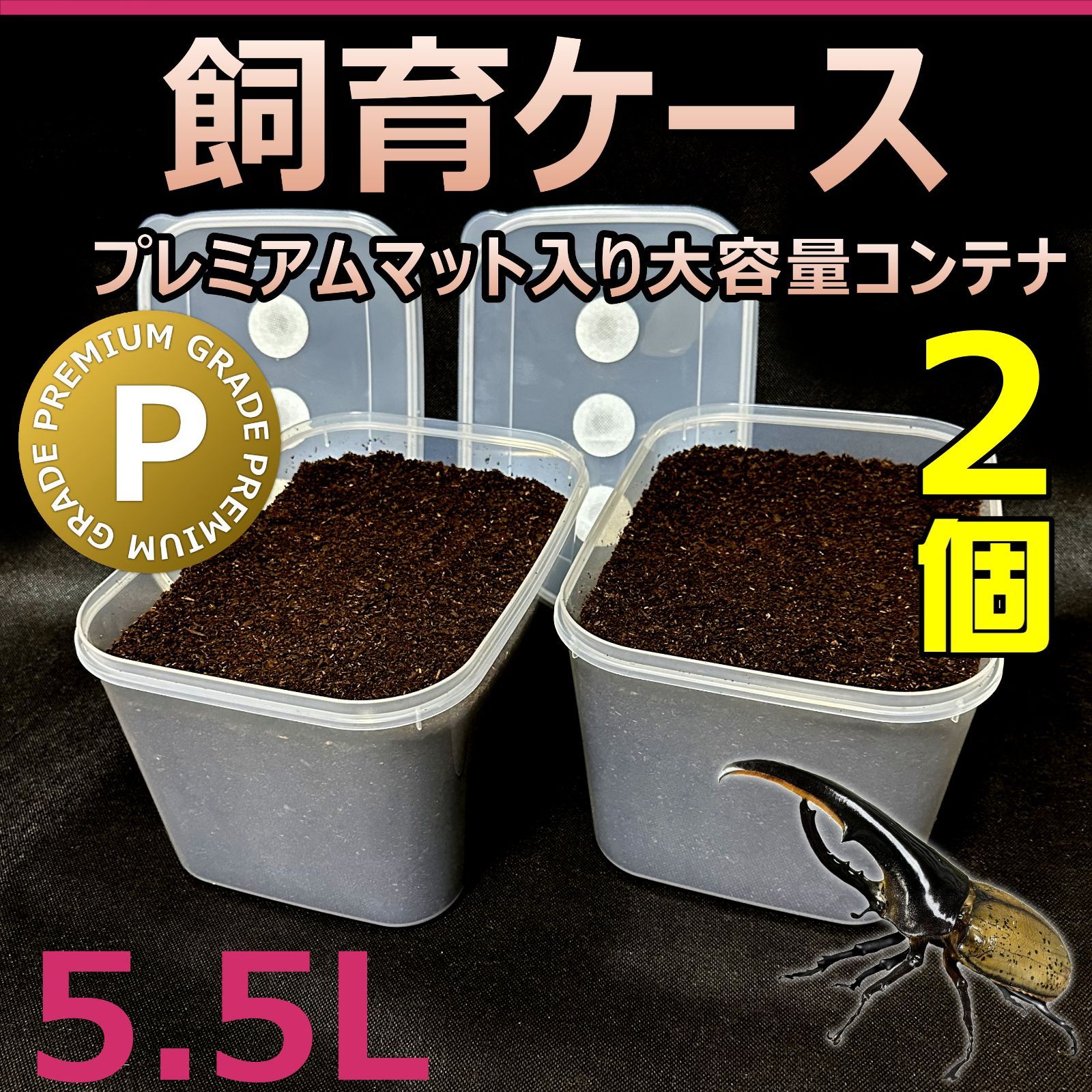 飼育ケース　大容量コンテナ　5.5L　プレミアムマット入り　2個　国産 外国産カブトムシ 幼虫飼育に最適！　おまけ付！！