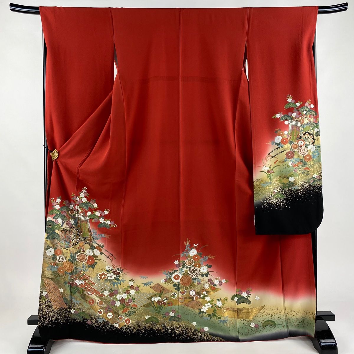 振袖 身丈170cm 裄丈68.5cm L 袷 御所車 草花 金銀彩 ぼかし 赤 正絹 名品