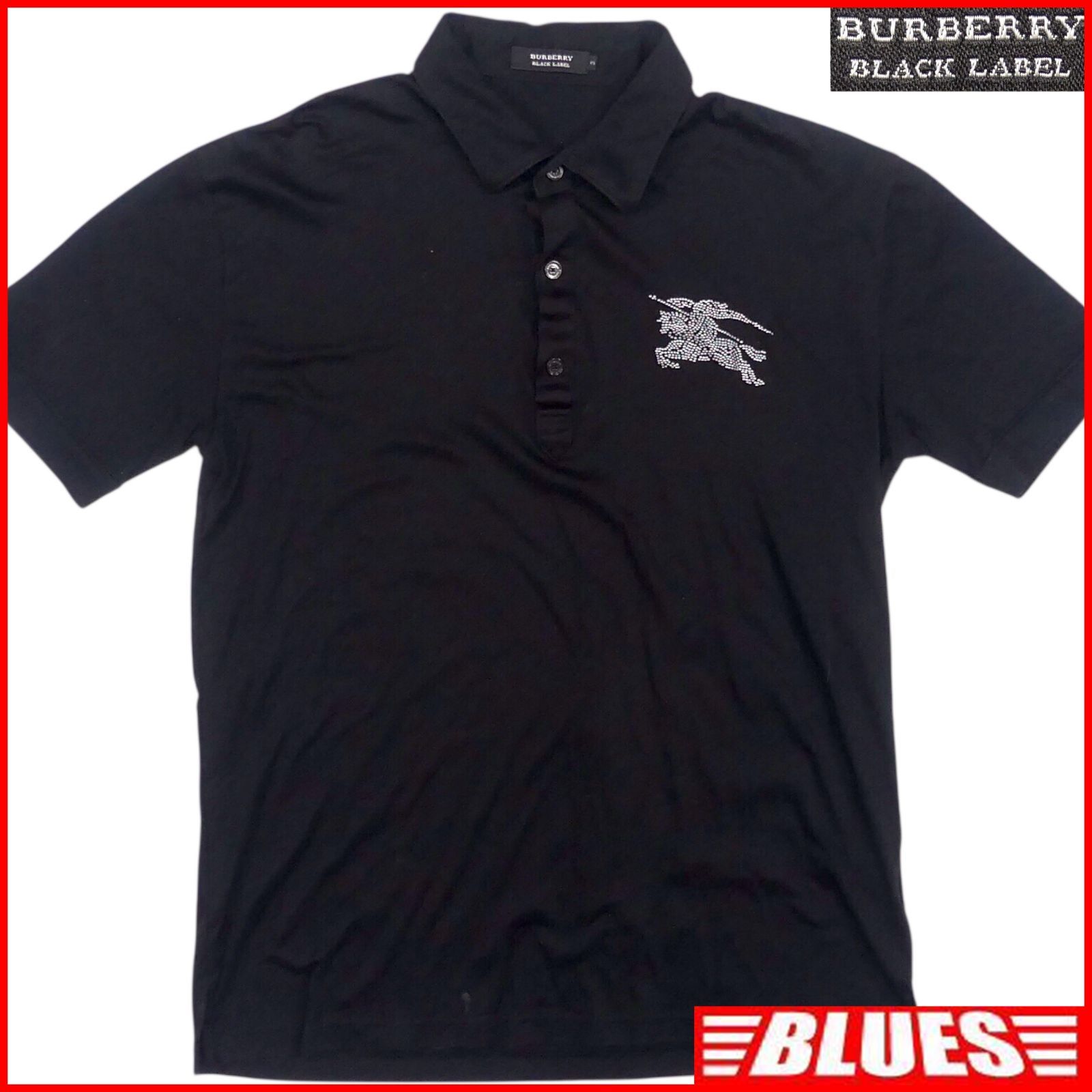 BURBERRY BLACK LABEL 廃盤 バーバリーブラックレーベル ポロシャツ L ラインストーン 古着 メンズ 黒 ブラック ポロシャツサイズL一覧←SEULB屋着古← TY3799
