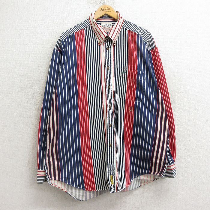 XL/古着 トミーヒルフィガー 長袖 ブランド シャツ メンズ 90s ワンポイントロゴ 大きいサイズ ロング丈 コットン ボタンダウン 紺 ネイビ